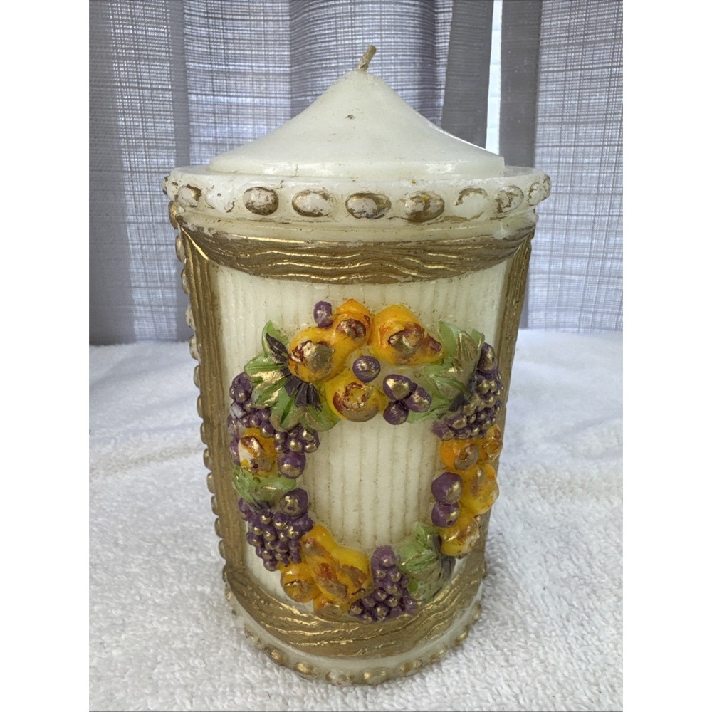 7" Decorative Candle Gold Colored Carved Design W/ 3D Flowers Fall Unburnt!